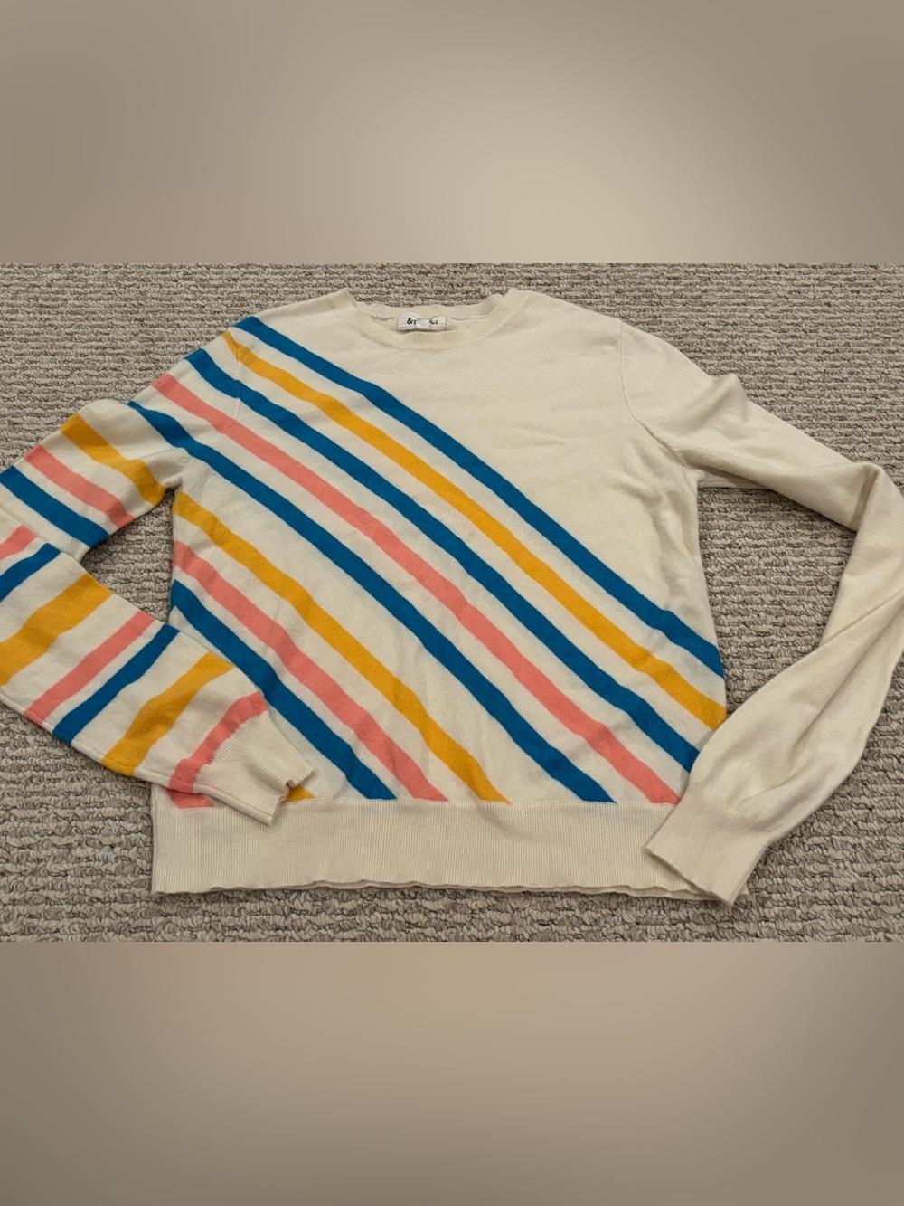 & merci Womens Medium Cotton Cream Sweater Blue Yellow Pink Striped Crew Neck
